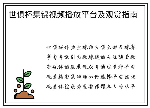 世俱杯集锦视频播放平台及观赏指南