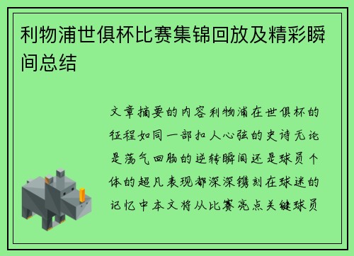 利物浦世俱杯比赛集锦回放及精彩瞬间总结