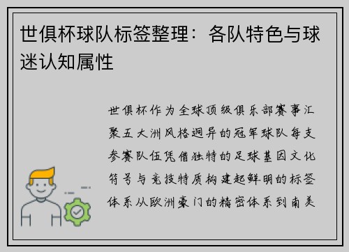 世俱杯球队标签整理：各队特色与球迷认知属性