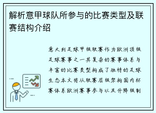 解析意甲球队所参与的比赛类型及联赛结构介绍