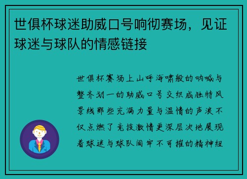 世俱杯球迷助威口号响彻赛场，见证球迷与球队的情感链接
